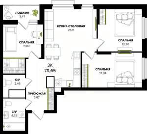 3-к квартира, вторичка, 79м2, 23/25 этаж