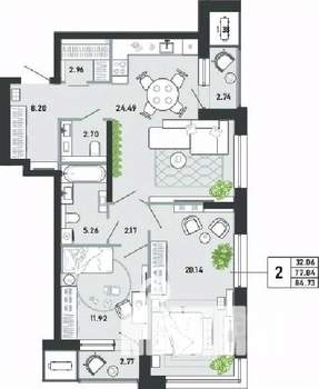 2-к квартира, вторичка, 85м2, 1/21 этаж