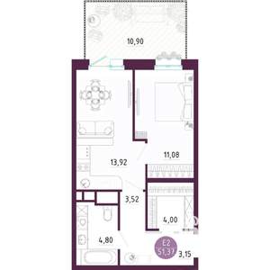 1-к квартира, вторичка, 51м2, 1/10 этаж
