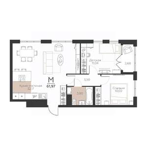 2-к квартира, вторичка, 62м2, 1/5 этаж