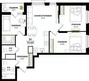 3-к квартира, вторичка, 79м2, 11/25 этаж