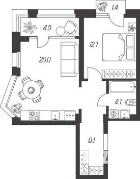 1-к квартира, строящийся дом, 52м2, 8/24 этаж