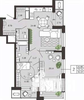 2-к квартира, вторичка, 81м2, 14/21 этаж