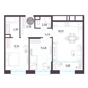 2-к квартира, строящийся дом, 61м2, 3/10 этаж