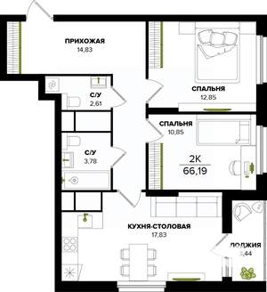 3-к квартира, строящийся дом, 66м2, 16/25 этаж