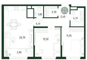 2-к квартира, строящийся дом, 66м2, 25/25 этаж