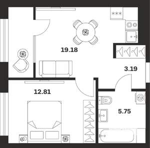 1-к квартира, строящийся дом, 41м2, 1/25 этаж
