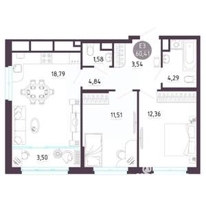 2-к квартира, строящийся дом, 60м2, 10/10 этаж