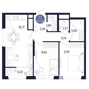 2-к квартира, вторичка, 52м2, 4/25 этаж