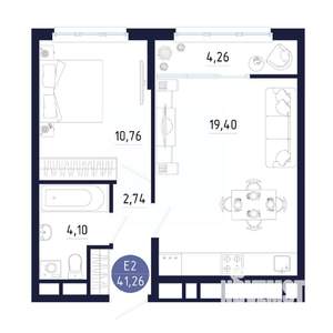 1-к квартира, строящийся дом, 41м2, 21/25 этаж