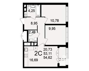 2-к квартира, строящийся дом, 53м2, 1/18 этаж