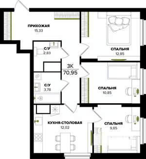 3-к квартира, вторичка, 71м2, 2/25 этаж