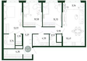 3-к квартира, строящийся дом, 86м2, 13/25 этаж