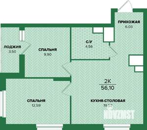 2-к квартира, вторичка, 56м2, 3/25 этаж