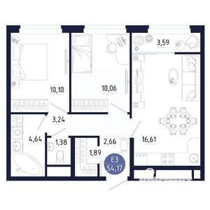 2-к квартира, строящийся дом, 54м2, 11/25 этаж
