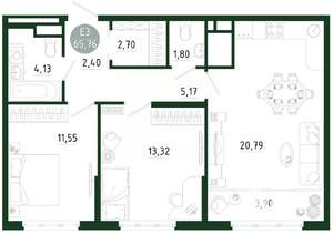 2-к квартира, строящийся дом, 66м2, 18/25 этаж