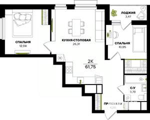 2-к квартира, вторичка, 62м2, 13/25 этаж