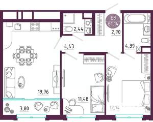 2-к квартира, вторичка, 61м2, 4/10 этаж