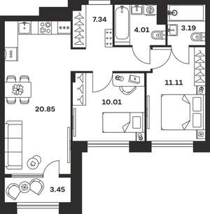 2-к квартира, вторичка, 60м2, 7/15 этаж