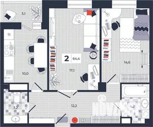 2-к квартира, строящийся дом, 64м2, 5/14 этаж