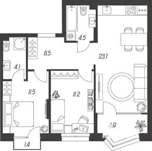 2-к квартира, вторичка, 70м2, 4/24 этаж