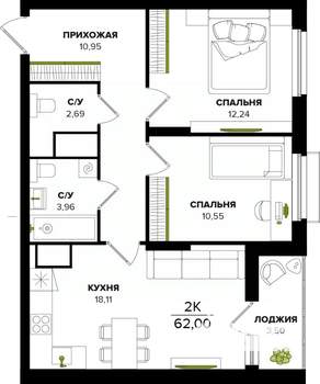2-к квартира, вторичка, 62м2, 6/25 этаж