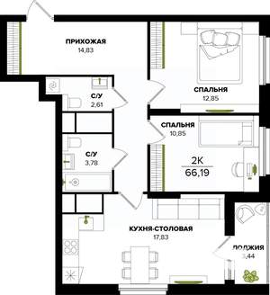 2-к квартира, вторичка, 66м2, 20/25 этаж