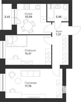 2-к квартира, строящийся дом, 56м2, 5/5 этаж