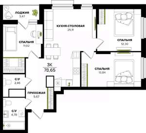 3-к квартира, вторичка, 79м2, 23/25 этаж