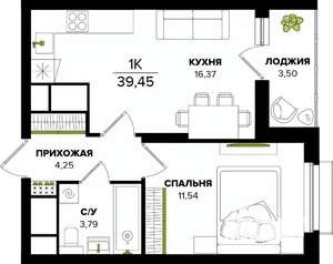1-к квартира, строящийся дом, 39м2, 19/25 этаж