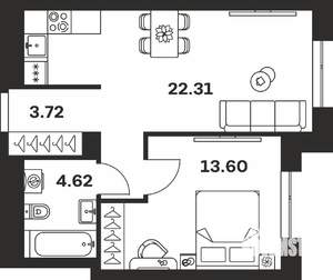 1-к квартира, вторичка, 44м2, 1/7 этаж