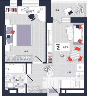 2-к квартира, строящийся дом, 44м2, 3/14 этаж