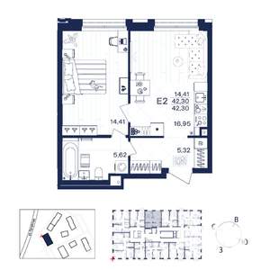 1-к квартира, строящийся дом, 42м2, 2/15 этаж