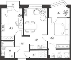 2-к квартира, вторичка, 64м2, 12/24 этаж