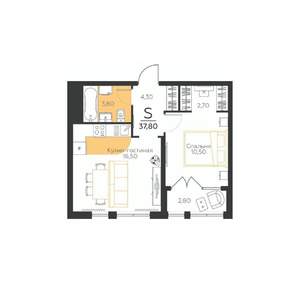 1-к квартира, строящийся дом, 38м2, 4/5 этаж