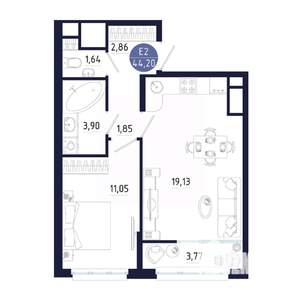 1-к квартира, строящийся дом, 44м2, 5/25 этаж