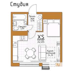 1-к квартира, строящийся дом, 32м2, 2/5 этаж