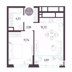 1-к квартира, строящийся дом, 39м2, 10/10 этаж