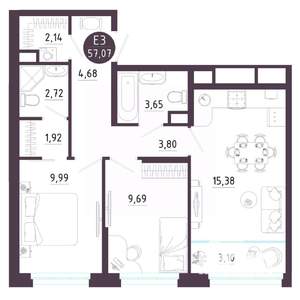 2-к квартира, вторичка, 57м2, 3/10 этаж