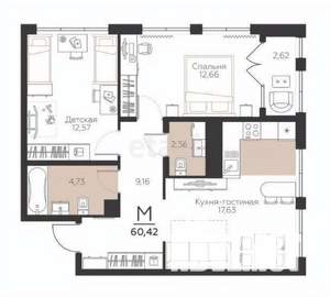2-к квартира, вторичка, 60м2, 5/5 этаж