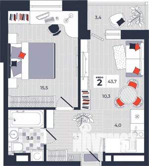 2-к квартира, строящийся дом, 44м2, 12/14 этаж