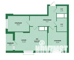 2-к квартира, строящийся дом, 65м2, 12/25 этаж