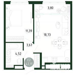 1-к квартира, строящийся дом, 42м2, 9/25 этаж