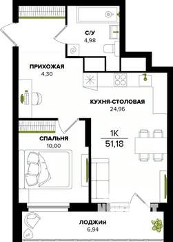 1-к квартира, вторичка, 51м2, 6/25 этаж