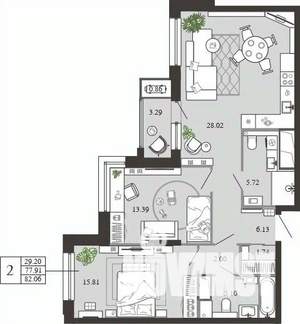 2-к квартира, вторичка, 82м2, 2/21 этаж