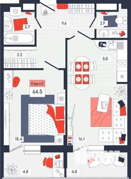 2-к квартира, строящийся дом, 65м2, 4/14 этаж