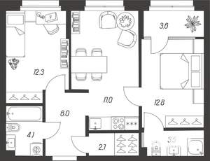 2-к квартира, строящийся дом, 62м2, 2/24 этаж