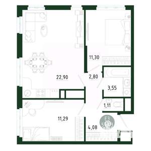 2-к квартира, строящийся дом, 57м2, 19/25 этаж