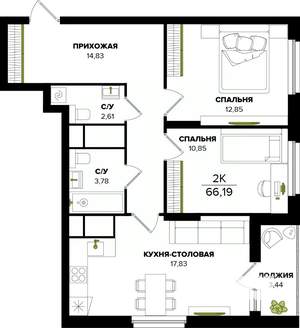 2-к квартира, вторичка, 66м2, 18/25 этаж