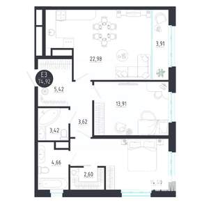 2-к квартира, строящийся дом, 75м2, 7/8 этаж